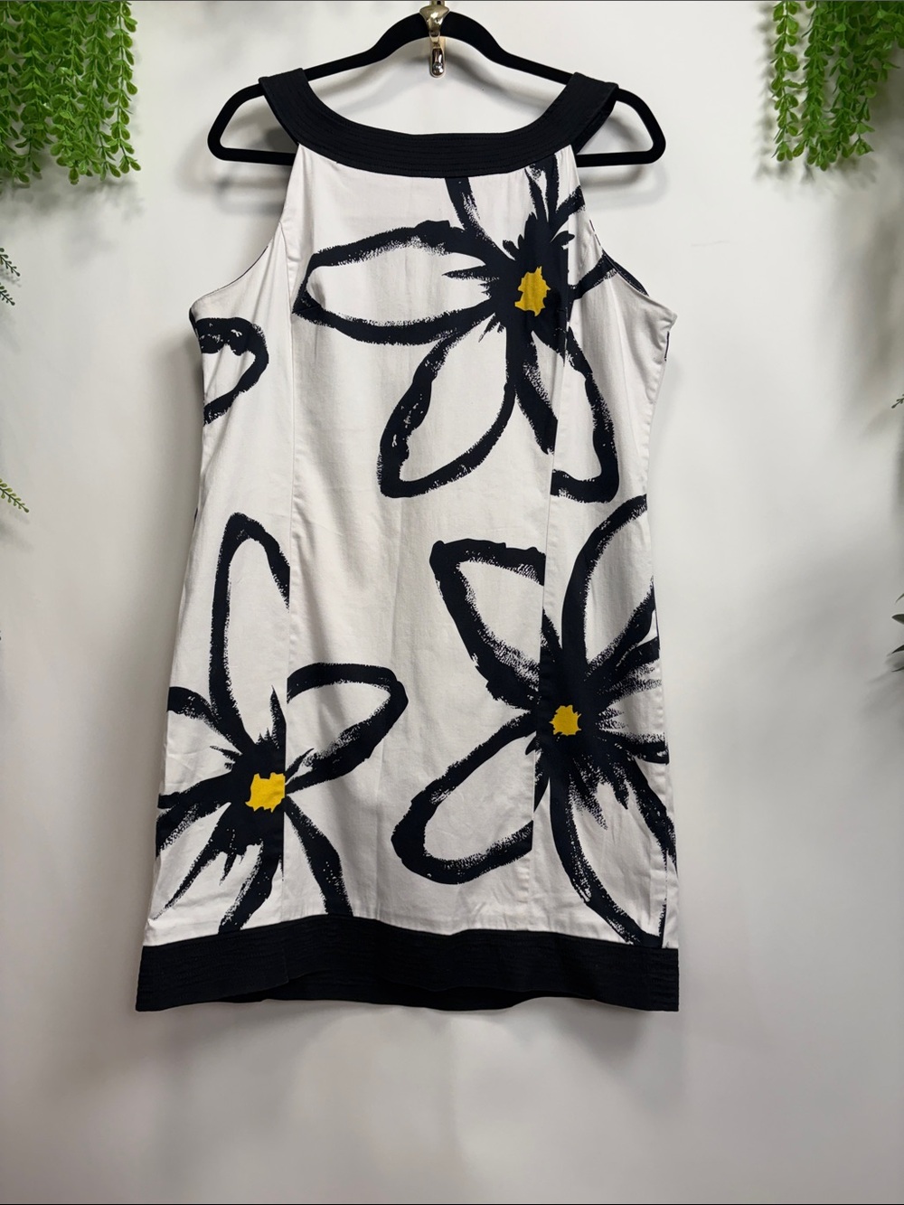 Sleeveless White Floral Midi Dress with Black Trim